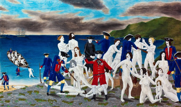 Mario Doucette La Déportation des Acadiens (d’après Sir Frank Dicksee), 2012 Pastel, encre, crayons et acrylique sur bois 91 x 152 cm Photo de l’œuvre : Marc Grandmaison