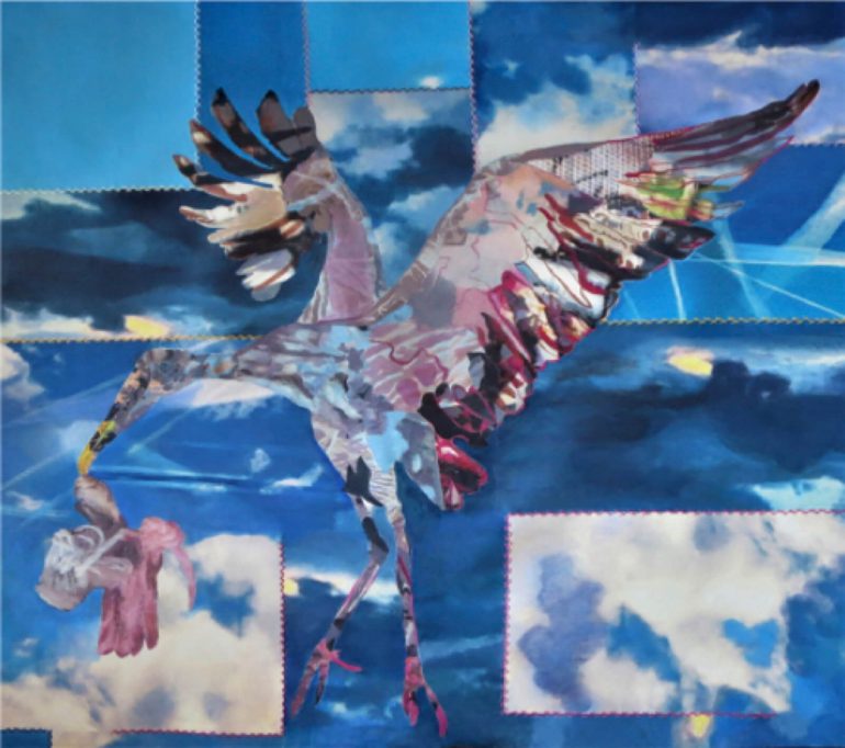 Marjolaine Bourgeois, Oiseau jongleur, 2020 Transferts manuels d’images sur toile, acrylique, broderie 97X94cm