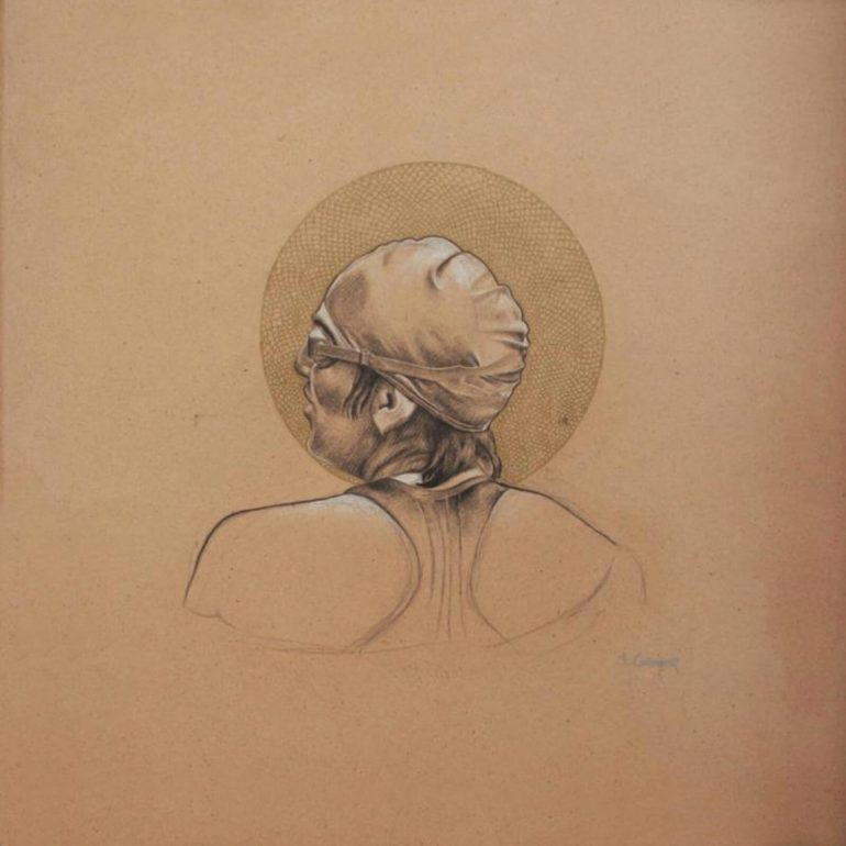 Maurice Cormier, Rivages 005, 2010 Graphite, fusain blanc, peinture dorée Panneau de fibre 24” x 24” 500 $